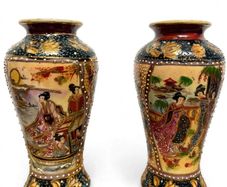 Vintage Satsuma Moriage Vases - Matching Pair