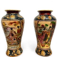 Vintage Satsuma Moriage Vases - Matching Pair
