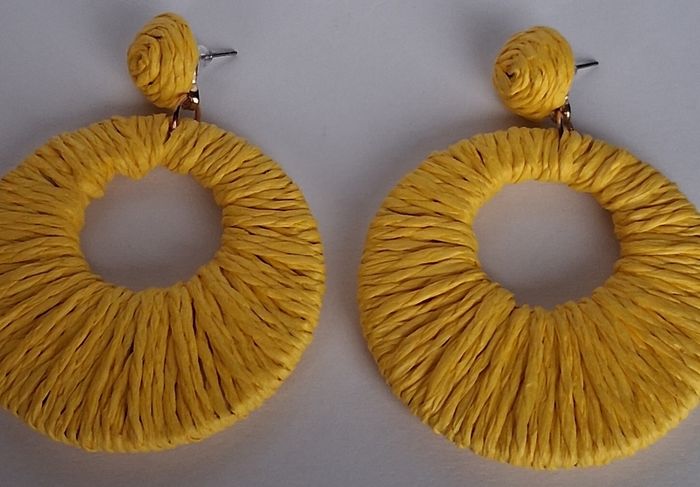 Golden Yellow Raffia Woven Stud Hollow Out Woven Hoop Earrings