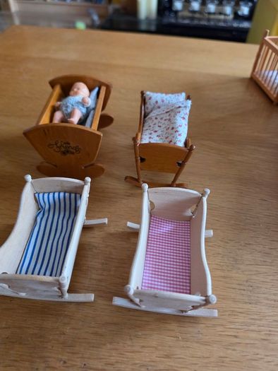 Dolls house furniture for nursery, cradles, highchairs and more
