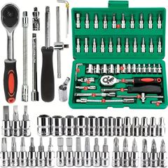 46pc Drive Socket Set 1/4 inch Ratchet Wrench Set Mechanic Tool Kits for Auto Repair Hous with Sockets Metric Hex Bit Socket Set