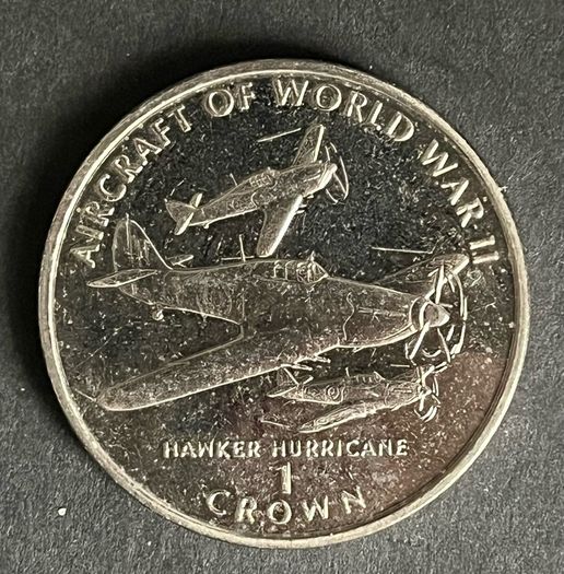1995 Isle of Man 1 crown Aircraft of WWII. hawker Hurricane Copper-Nickel Coin in protective sleeve