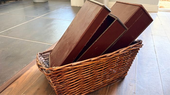 Vintage wine cases and Wicker basket