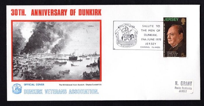 1970 Jersey Cover celebrating 30th Anniversary of Dunkirk with cancel tying 5d Winston Churchill Commemorative Stamp with Salute to The men of Dunkirk, 19th June 1970