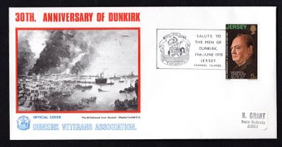 1970 Jersey Cover celebrating 30th Anniversary of Dunkirk with cancel tying 5d Winston Churchill Commemorative Stamp with Salute to The men of Dunkirk, 19th June 1970
