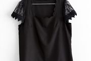 Pre Owned Black Scalloped Neckline Blouse with Lace Crochet Sleeves