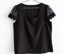 Pre Owned Black Scalloped Neckline Blouse with Lace Crochet Sleeves
