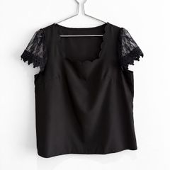 Pre Owned Black Scalloped Neckline Blouse with Lace Crochet Sleeves