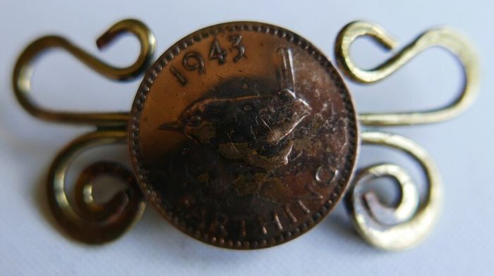 Vintage Twisted brass and Copper Foreign Coin Pin