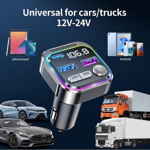 Bluetooth Car Adapter, Radio Receiver Audio FM Transmitter, Wireless Hands Free Phone Digital Kit, USB C QC PD 36W Fast Charger for 12V/24V Cigarette Lighter, U Disk MP3 Music Player Device