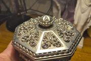 Unique item: Vintage Trinket Box Octagon Ornate Silver Plated Metal Red Satin-Like Lining