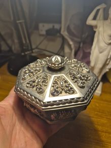 Unique item: Vintage Trinket Box Octagon Ornate Silver Plated Metal Red Satin-Like Lining