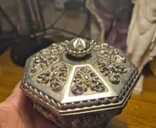 Unique item: Vintage Trinket Box Octagon Ornate Silver Plated Metal Red Satin-Like Lining