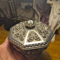 Unique item: Vintage Trinket Box Octagon Ornate Silver Plated Metal Red Satin-Like Lining