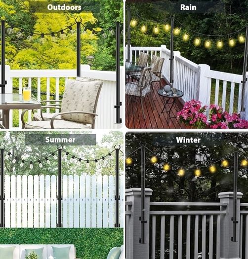 4 Pack String Lights Poles 60 Inch Lamp Pole, Light Bars for Outdoor Fairy Lights, Outdoor Light Poles with Mounting Clips and Hanging Base for Patio, Garden, Backyard, Deck, Fence