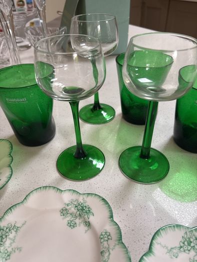 12 Pieces - Vintage Luminarc Alsace Mid Century Wine Glasses with Emerald Green Stem, Galbiati Milano Tumblers and Vintage Art Deco Royal Grafton Side Plates