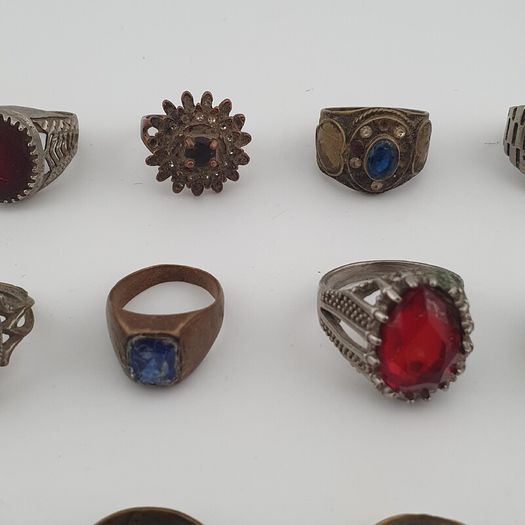 15 Antique Style Brass Rings Mixed Stone & Colourful Glass Accents