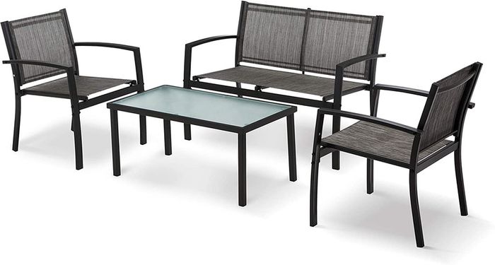 Garden furniture set of 4, seating group in the garden and balcony, garden set with three chairs and a glass table (black)