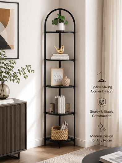 5-Tier Glass Corner Shelf  Modern Corner Display Unit with Tempered Glass Shelves for Living Room, Bathroom, Bedroom & Office