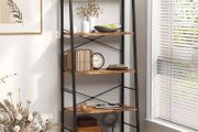 NEW SALE | Bookshelf, Ladder Shelf 5-Tier Bookcase for Bedroom, Industrial Book Shelves Storage Rack with Metal Frame for Home Office, Rustic Brown