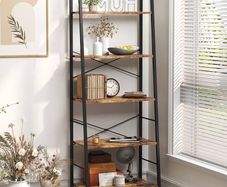 NEW SALE | Bookshelf, Ladder Shelf 5-Tier Bookcase for Bedroom, Industrial Book Shelves Storage Rack with Metal Frame for Home Office, Rustic Brown
