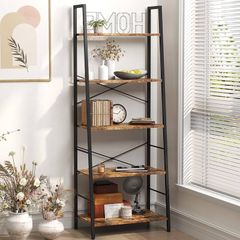 NEW SALE | Bookshelf, Ladder Shelf 5-Tier Bookcase for Bedroom, Industrial Book Shelves Storage Rack with Metal Frame for Home Office, Rustic Brown
