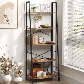 NEW SALE | Bookshelf, Ladder Shelf 5-Tier Bookcase for Bedroom, Industrial Book Shelves Storage Rack with Metal Frame for Home Office, Rustic Brown