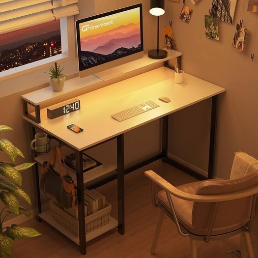 Computer Desk with Full Monitor Stand,120 cm Home Office Desk with Reversible Storage Shelves,Small Study Desk with Headphone Hook and Cup Holder,White