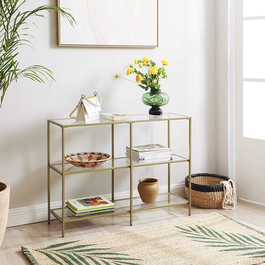 _Console table, hall table, 3 levels, side table, shelves made of tempered glass, 100 x 30 x 73 cm, metal frame, modern, for hall, living room, bedroom, gold-colored