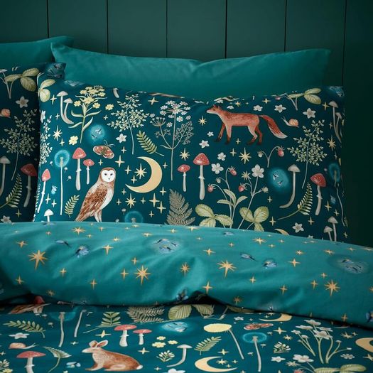 Catherine Lansfield Enchanted Twilight Reversible Double Duvet Cover Set Forest Green - Brand New