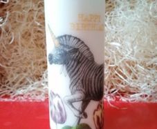 XL Happy birthday large ivory decorative pillar candle 'unicorn-zebra' image