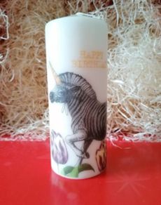 XL Happy birthday large ivory decorative pillar candle 'unicorn-zebra' image