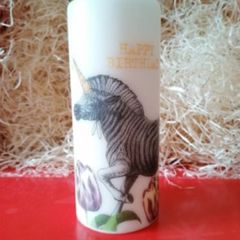 XL Happy birthday large ivory decorative pillar candle 'unicorn-zebra' image