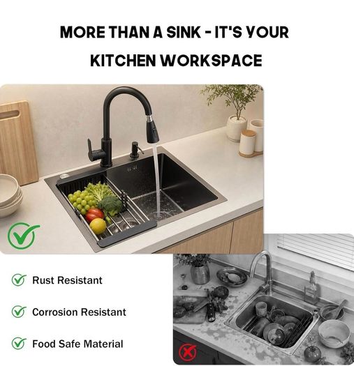 Black Kitchen Sink 50 x 45cm Stainless Steel Sink Bowl with Pull Down Tap Kitchen Sinks Single Bowl with Drainer Basket Soap Dispenser, Deep Bowl for UK Kitchens, Top/Flush/Undermount Sink