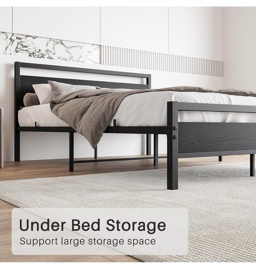 King Size Bed Frame with Wood Headboard,Heavy Duty Metal Platform Bed