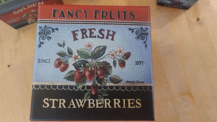 Fabulous Set of Four Graduated Stackable Nesting Storage Boxes by Quality Manufacturer Bob's Boxes/Lang Paper Co. with "Fancy Fruits" Artwork by Kimberly Poloson