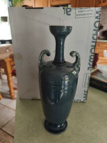 IT'S RARE Antique Dunmore Scottish 1880 s  until 1917 Pottery dark gray green with a bit of blue  glazed  Twin Handeled Urn vase. IN GOOD CONDITION 31 CM. tall the top 5 CM. di. earthenware, majoica glazes