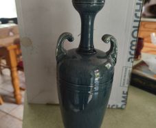 IT'S RARE Antique Dunmore Scottish 1880 s  until 1917 Pottery dark gray green with a bit of blue  glazed  Twin Handeled Urn vase. IN GOOD CONDITION 31 CM. tall the top 5 CM. di. earthenware, majoica glazes