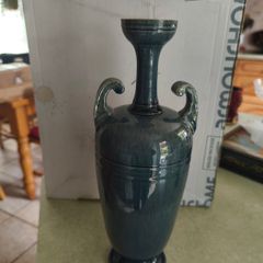IT'S RARE Antique Dunmore Scottish 1880 s  until 1917 Pottery dark gray green with a bit of blue  glazed  Twin Handeled Urn vase. IN GOOD CONDITION 31 CM. tall the top 5 CM. di. earthenware, majoica glazes