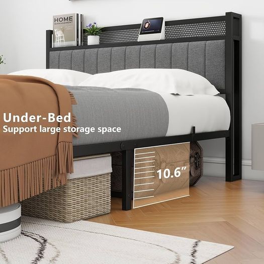 King Size Bed Frame with Storage and Headboard Shelf, Upholstered Bed Frame King Size with Metal Slats Enhanced Support, No Box Spring Needed, Gray Kingsize Bed Frames