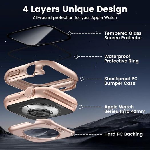 [2 in 1] Waterproof Case for Apple Watch Series 11/10 42mm Screen Protector,360 Protective PC Cover Tempered Glass,Front & Back Bumper for iPhone Watch 42mm