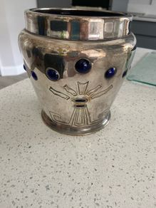 Vintage heavy silvered brass Art Deco Cobalt Glass Planter