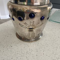 Vintage heavy silvered brass Art Deco Cobalt Glass Planter