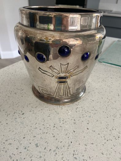 Vintage heavy silvered brass Art Deco Cobalt Glass Planter