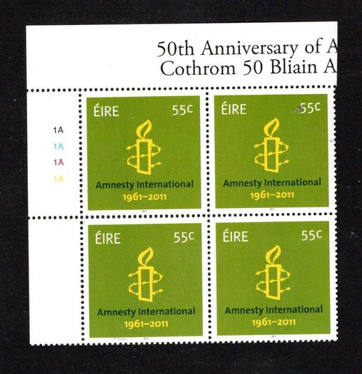 2011 Ireland 50th Anniversary of Amnesty International Commemorative Stamp Plate Block 1A1A1A1A Mint Never Hinged (MNH)