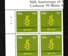 2011 Ireland 50th Anniversary of Amnesty International Commemorative Stamp Plate Block 1A1A1A1A Mint Never Hinged (MNH)