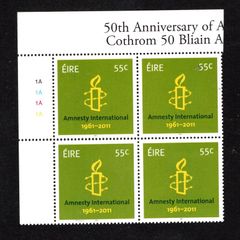 2011 Ireland 50th Anniversary of Amnesty International Commemorative Stamp Plate Block 1A1A1A1A Mint Never Hinged (MNH)