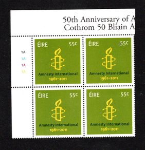 2011 Ireland 50th Anniversary of Amnesty International Commemorative Stamp Plate Block 1A1A1A1A Mint Never Hinged (MNH)