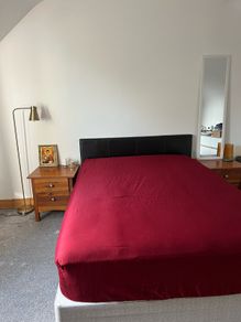 Double bed for sale, faux leather headboard. Collection from Charleville. 140x190 sm.