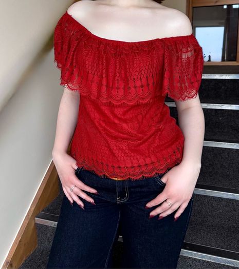 Brick Red Lace Off-Shoulder Top, stylish summer lace top, boho top